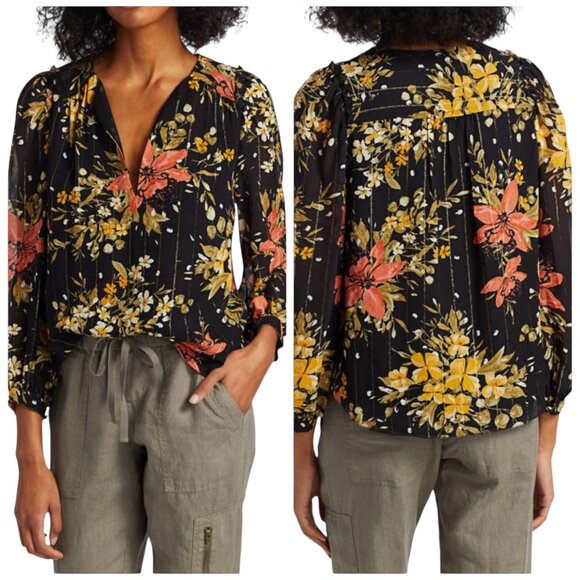 Joie Albany Floral Silk Blouse Black/Orange/Yellow Sheer Sleeve Size Small - Picture 1 of 6